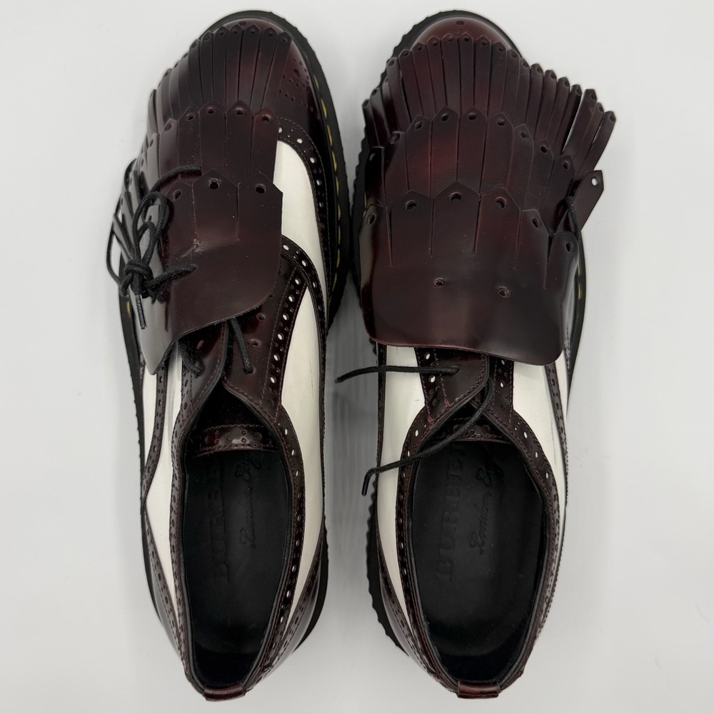 Vintage Burberry Burgundy Ivory Leather Wingtip Kiltie Tassel Brogue Oxfords